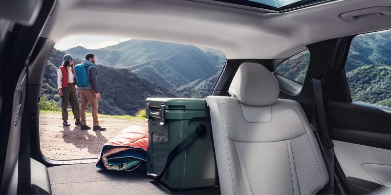 View from car trunk with hiking gear as a couple overlooks mountains